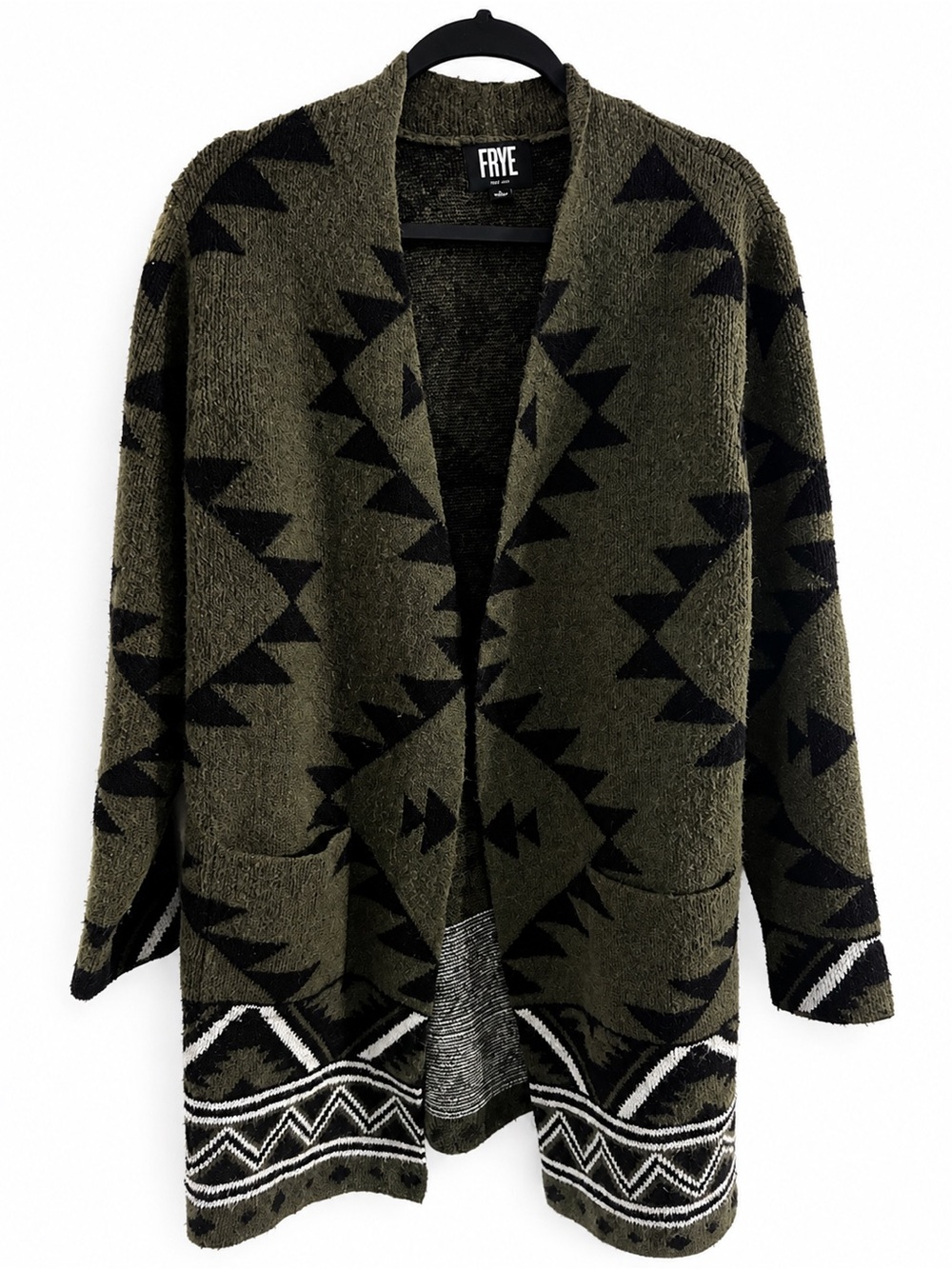FRYE Olive Green Tribal Southwestern Aztec Geometric Open Front Long Cardigan L
